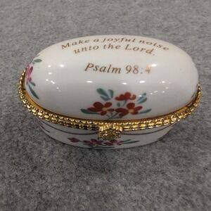 Imperial Porcelain Trinket Box Floral Psalm 984 Verse Gold Trim Hinged Lid
